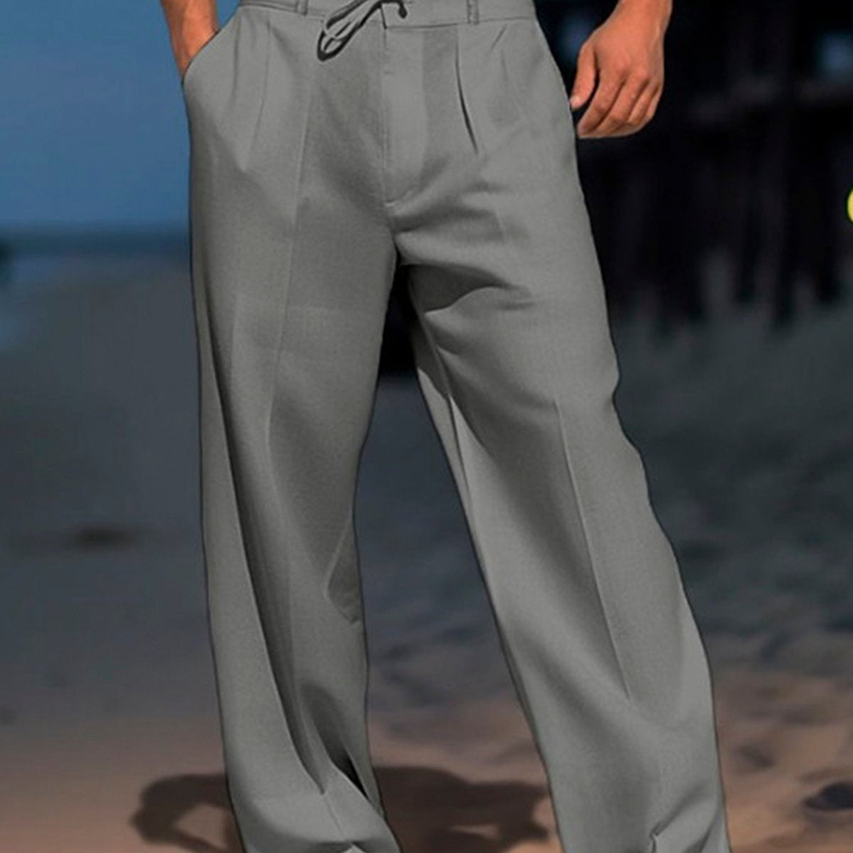 Alohadaddy Men's Beach Daily Loose Linen Elastic Waist Drawstring Trousers