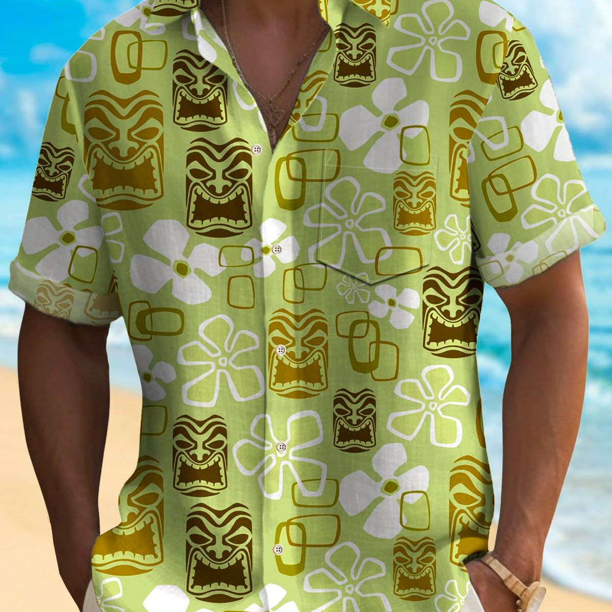 Alohadaddy Vintage Holiday Tiki Art Green Men's Hawaiian Shirts Stretch Aloha Camp Pocket Shirts