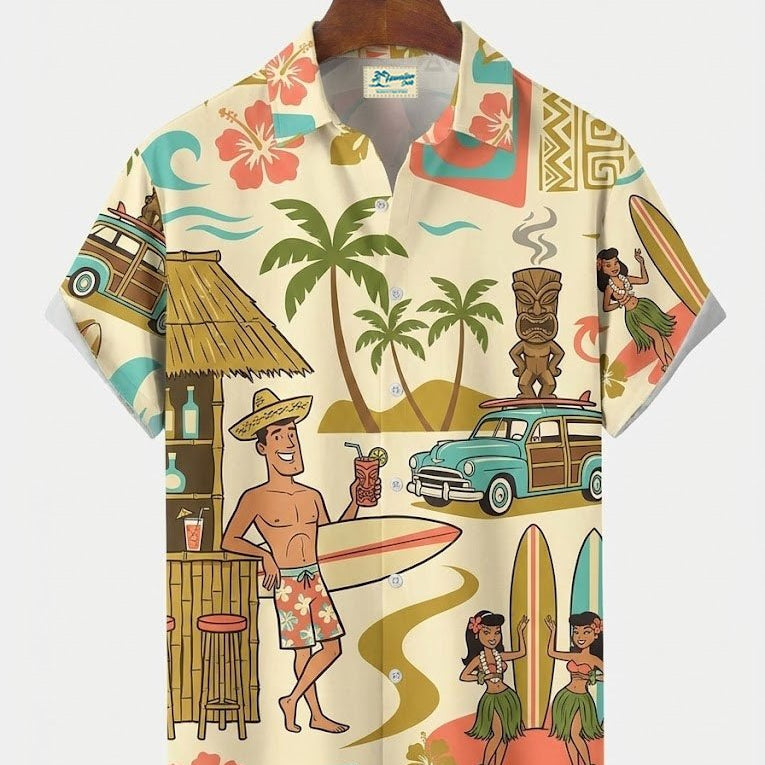 Alohadaddy® Hawaiian Medieval Geometric Cartoon Print Men's Button-Down Short-Sleeved Shirt Big & Tall