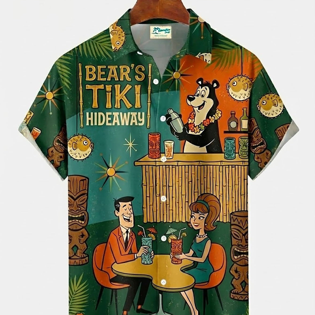 Alohadaddy® Retro Fun Cartoon Print Men's Button-Down Short-Sleeve Shirt Big & Tall