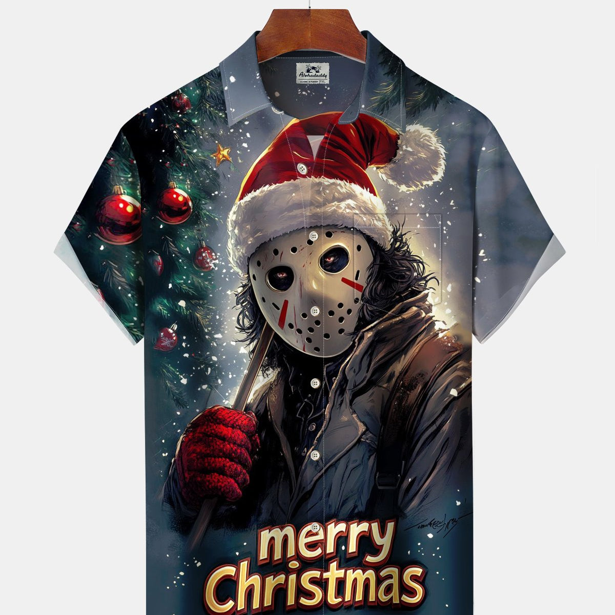 Alohadaddy® Christmas Horror Cartoon Print Pocket Elastic Button Men's Short Sleeve Shirt Big & Tall