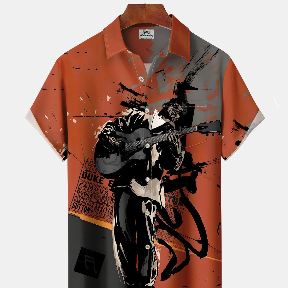 Alohadaddy® Vintage Guitarist Print Art Button Pocket Men's Short-Sleeve Shirt
