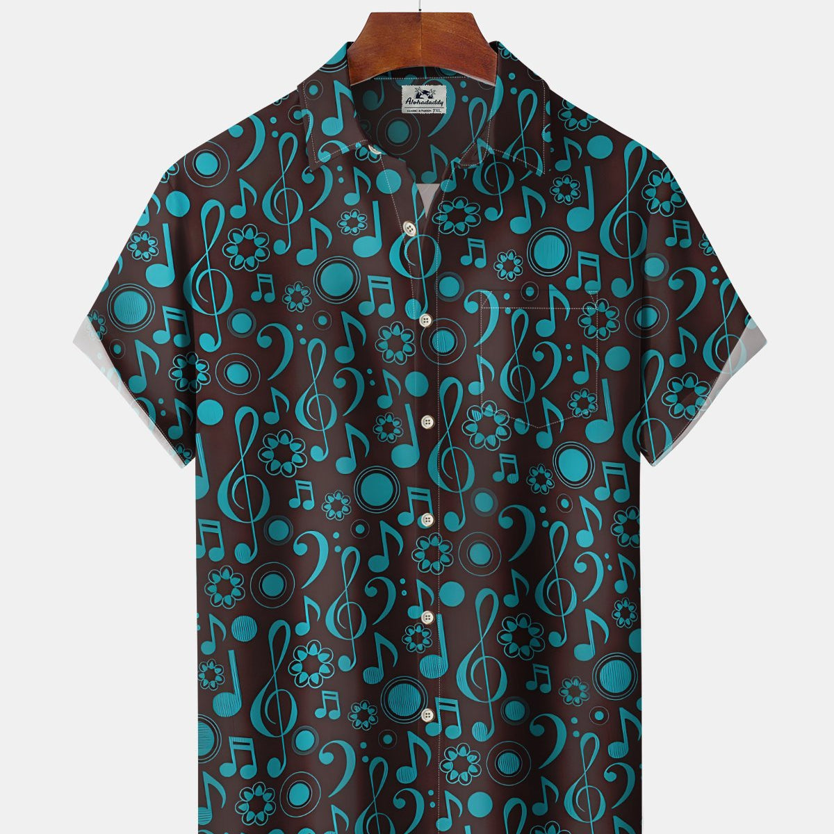 Alohadaddy® Men's Short-Sleeve Button-Down Cardigan Shirt with Vintage Music-Themed Graphic Print and Pocket