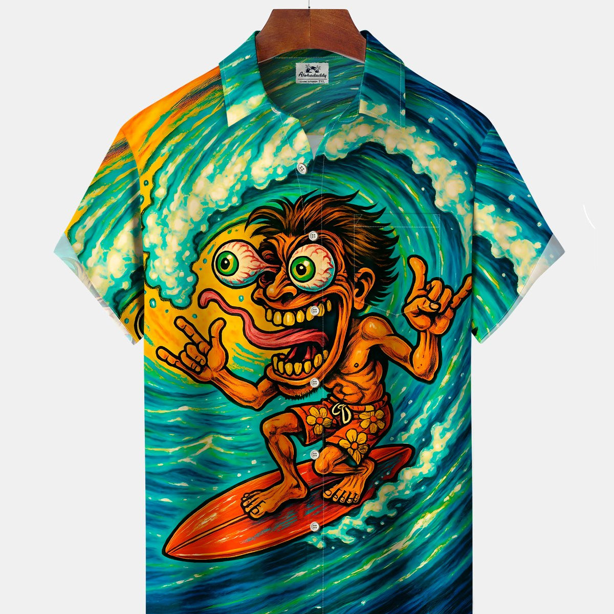 Alohadaddy® Men's Short-Sleeve Button-Down Shirt with Pocket Hawaiian Surf-Themed Graphic Print