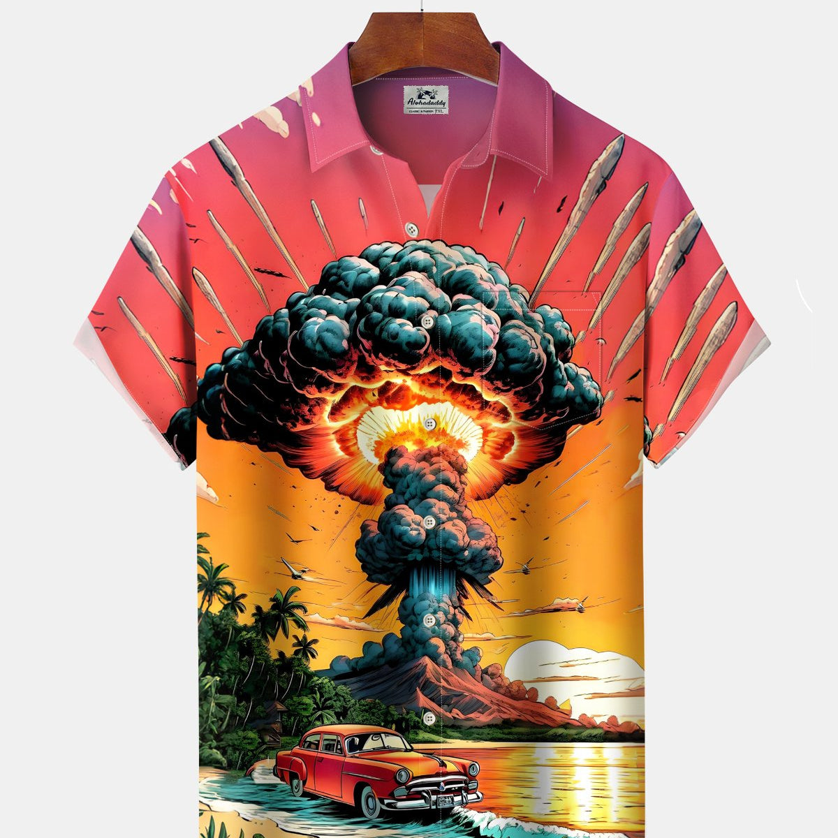 Alohadaddy® Men's Short-Sleeve Button-Down Shirt with Mushroom Cloud Print and Chest Pocket