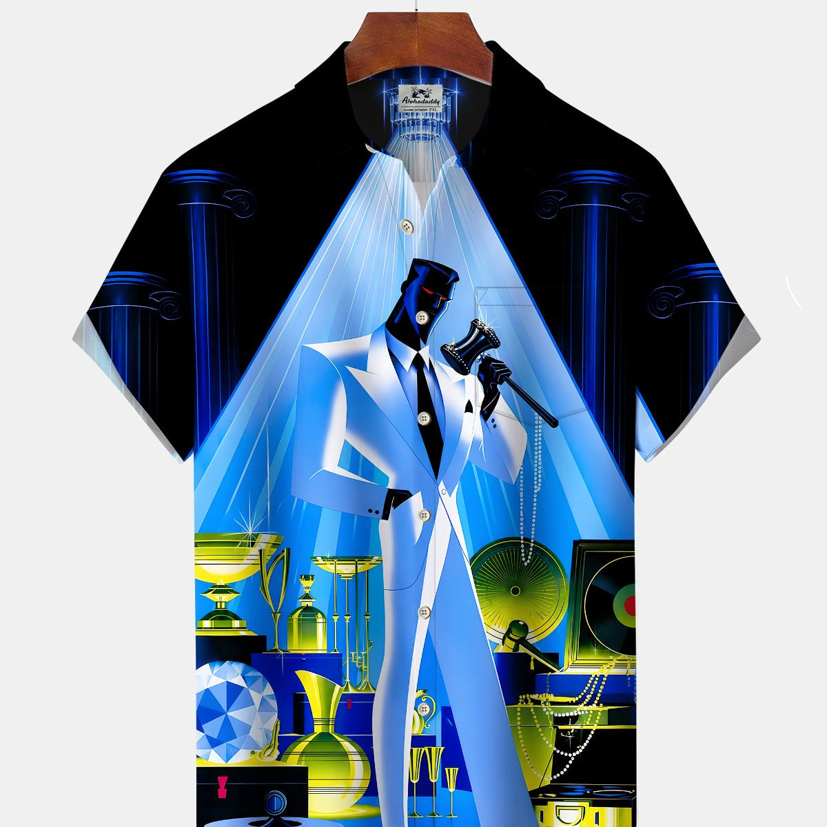Alohadaddy® Men's Short-Sleeve Button-Down Shirt with Pocket Vintage Music-Themed Graphic Print