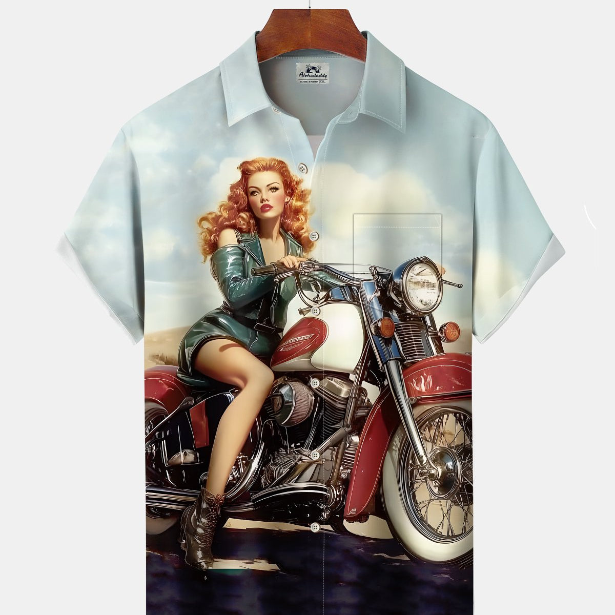 Alohadaddy® Men's Short-Sleeve Button-Down Shirt with Pocket Vintage Biker Girl Graphic Print