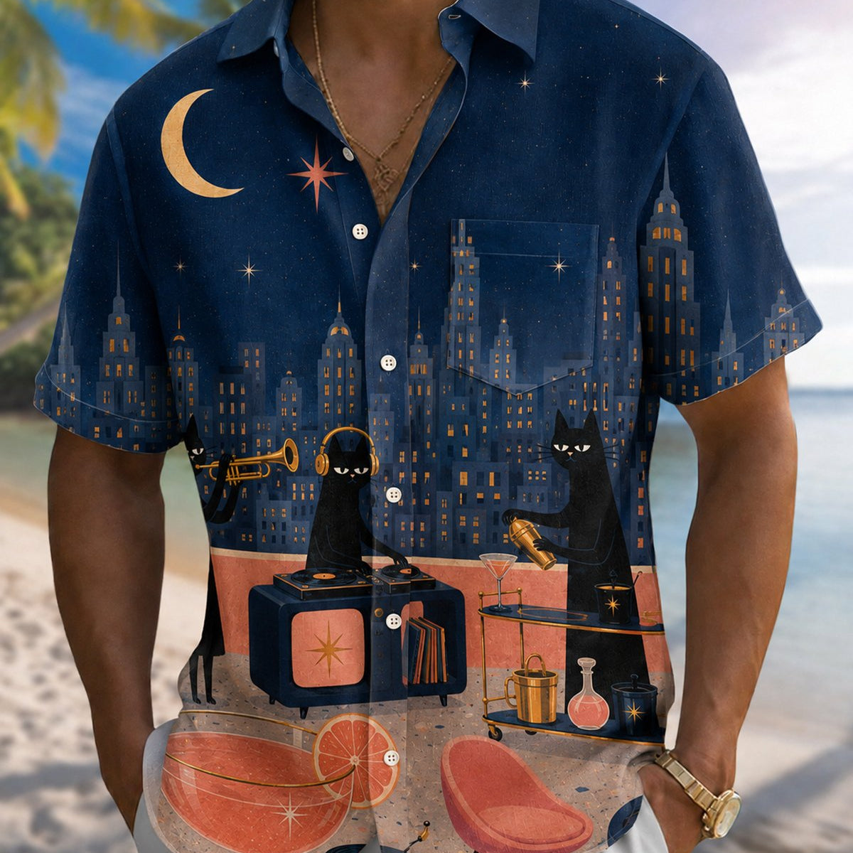 Alohadaddy® Men's Short-Sleeve Button-Down Shirt with Pocket Cat Music Print