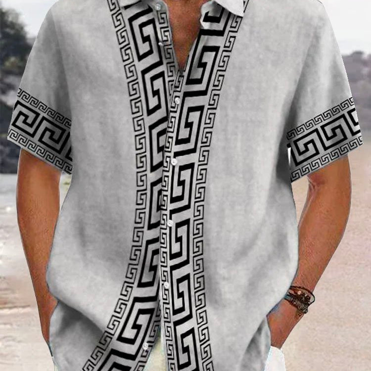 Alohadaddy Retro Geometric Print Men's Button Pocket Short Sleeve Shirt