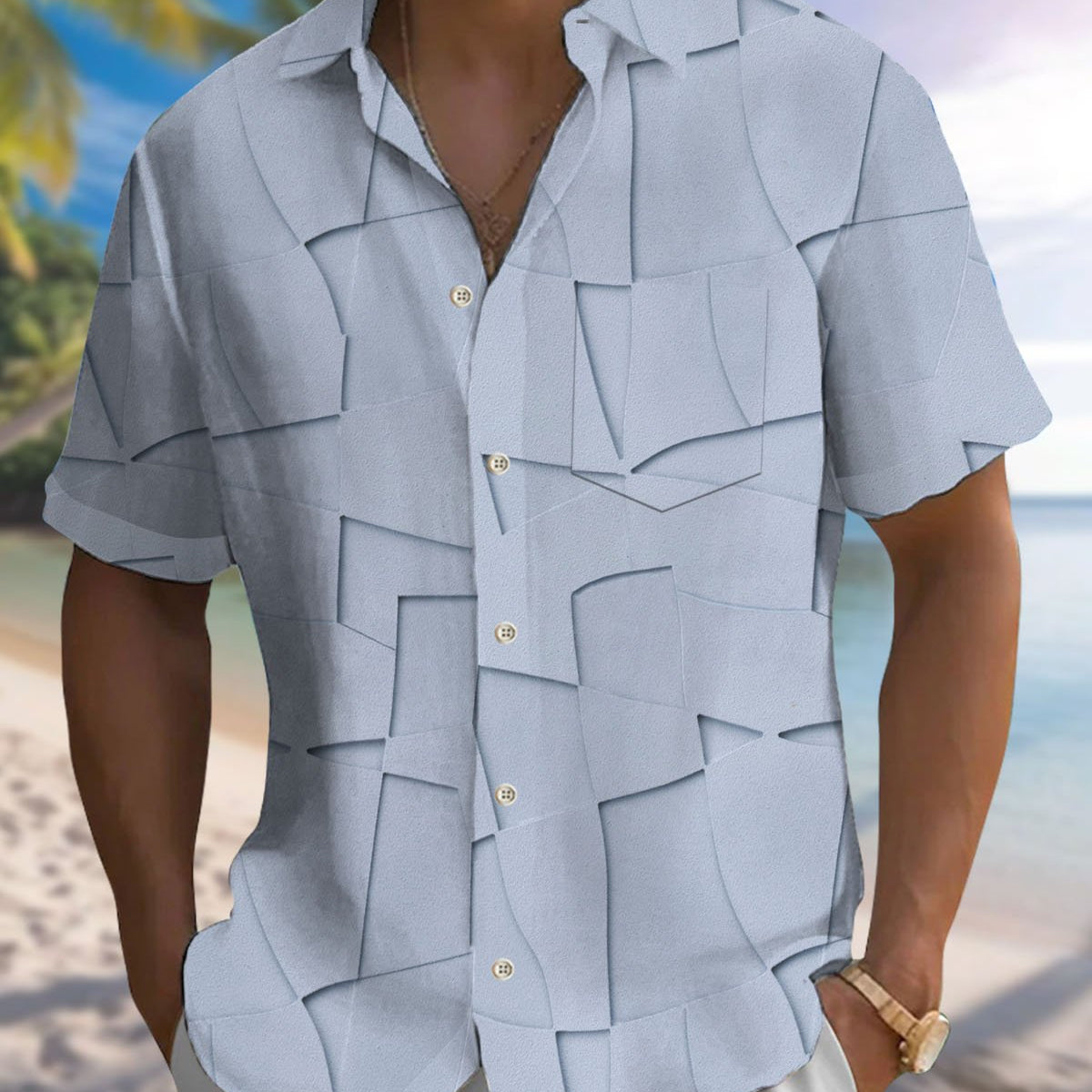 Alohadaddy® Casual Geometric Print Art Button Pocket Cardigan Men's Short Sleeve Shirt Big & Tall