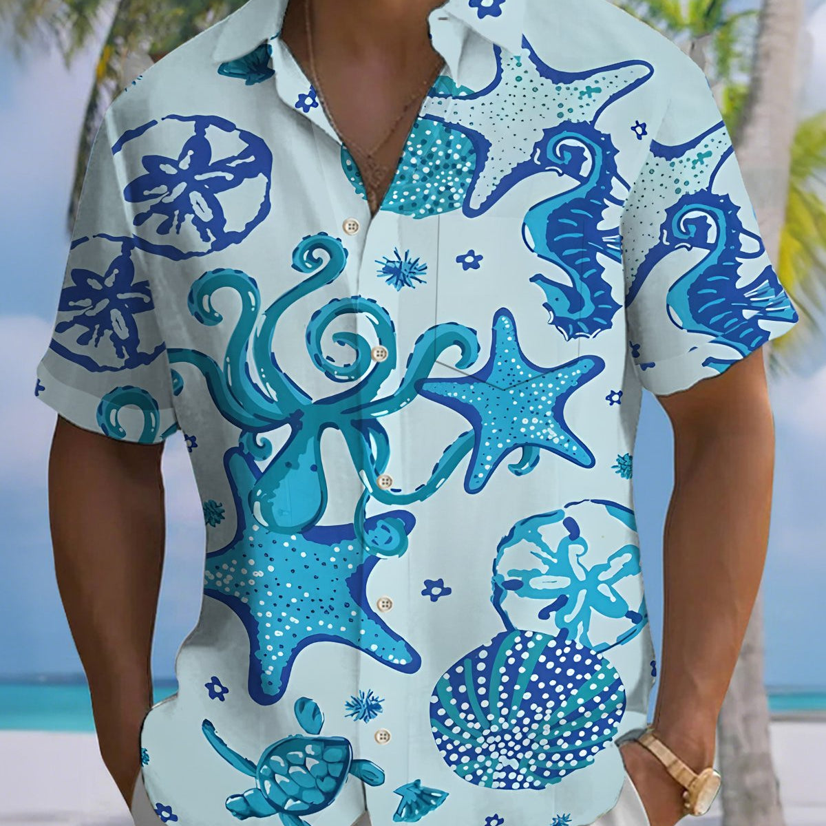 Alohadaddy® Men's Short-Sleeve Button-Down Shirt with Marine Life Print and Pocket