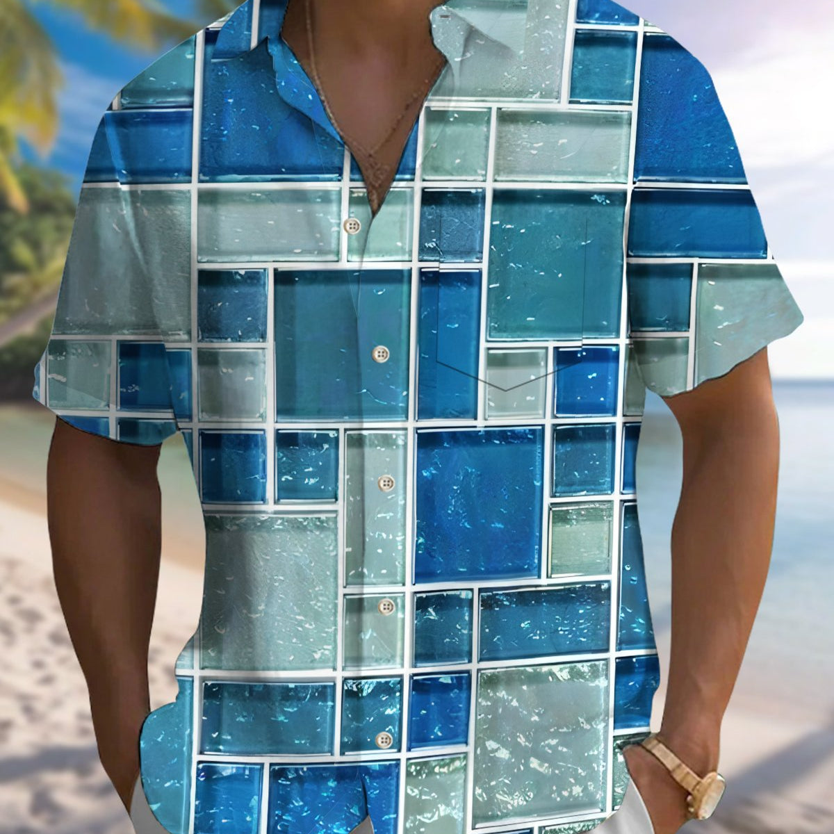 Alohadaddy® Casual Geometric Print Art Button Pocket Cardigan Men's Short Sleeve Shirt