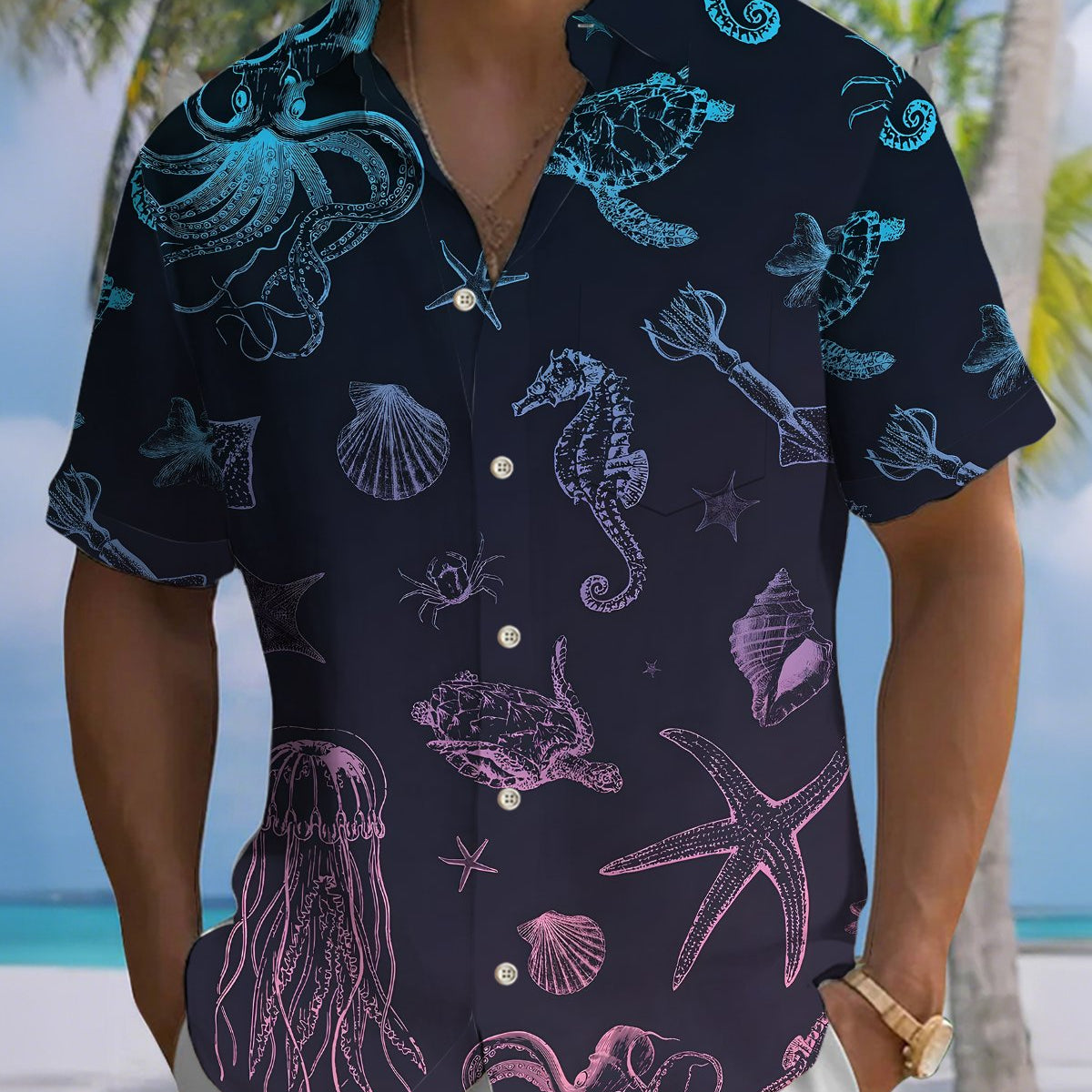 Alohadaddy® Hawaiian Marine Life Print Art Button Pocket Cardigan Men's Short Sleeve Shirt