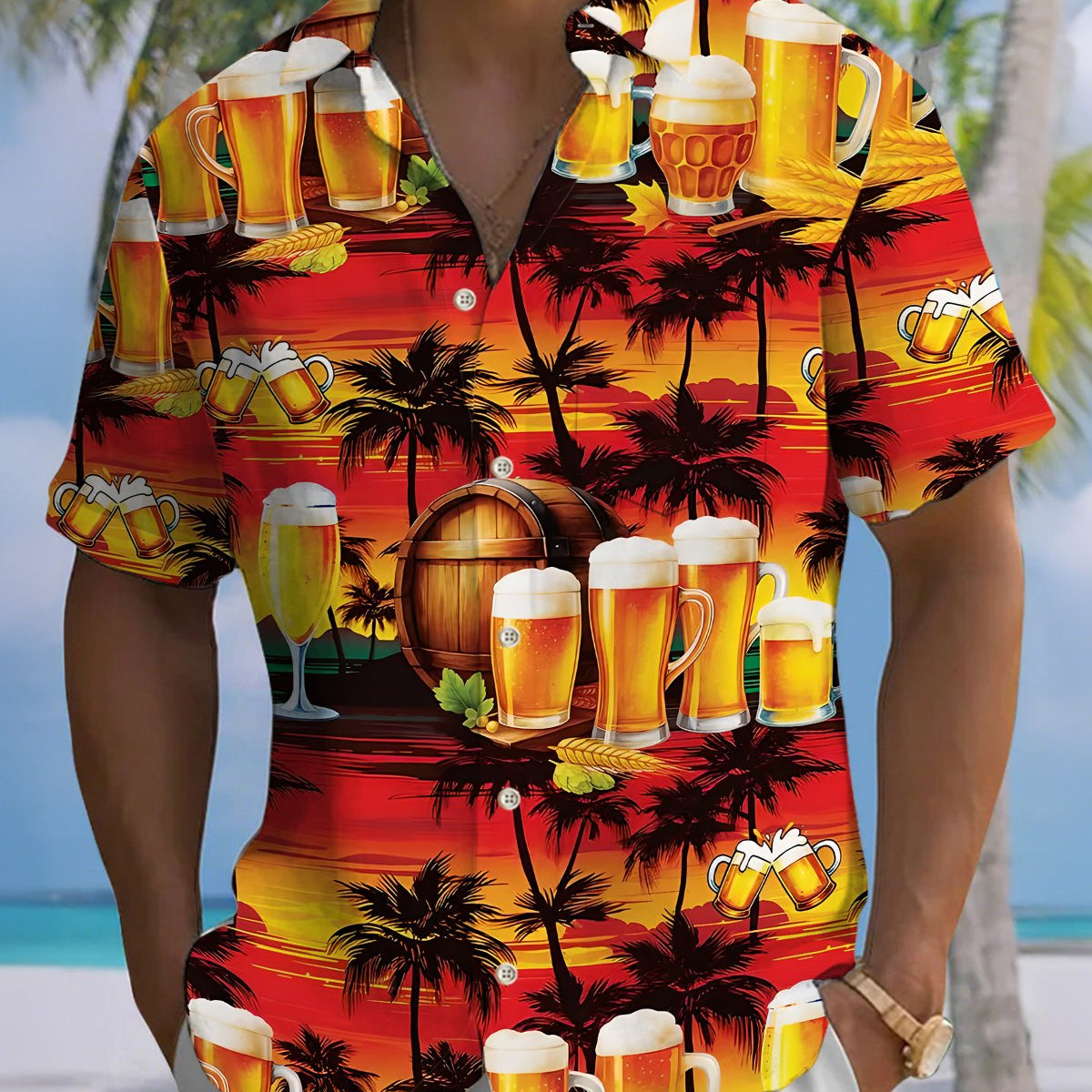 Alohadaddy® Men's Short-Sleeve Button-Down Shirt Hawaiian Beer Season Graphic Print with Chest Pocket