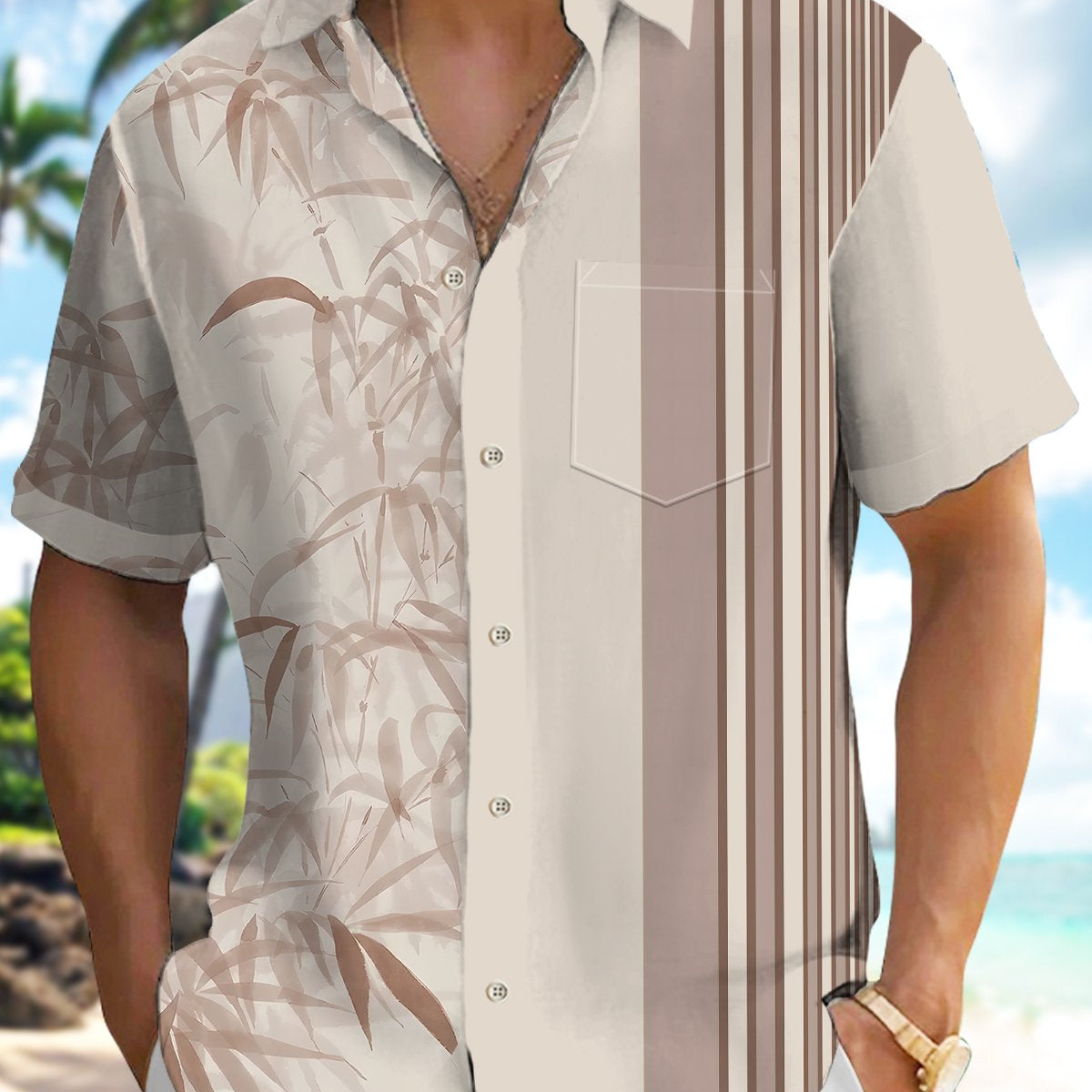 Alohadaddy Casual Series Stripes Bamboo Print Art Pocket Cardigan Buttons Polyester Stretch Short Sleeve Shirt