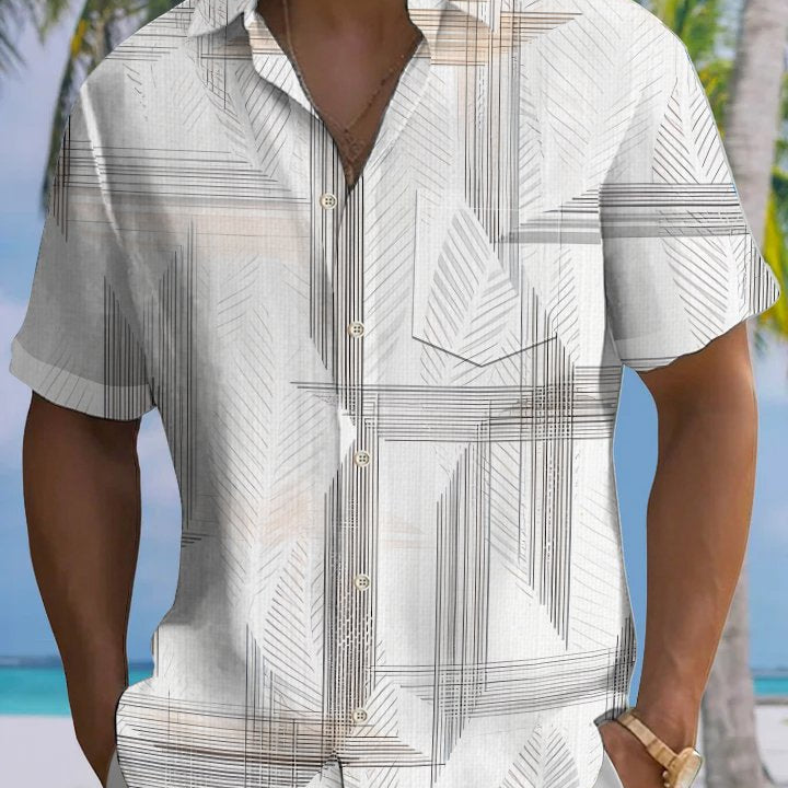 Alohadaddy Casual Collection Hawaiian Vacation Stripes Leaves Print Art Buttons Cardigan Pockets Fresh Stretch Polyester Short Sleeve Shirt