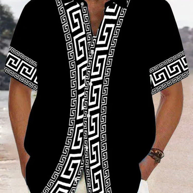 Alohadaddy Retro Geometric Print Men's Button Pocket Short Sleeve Shirt
