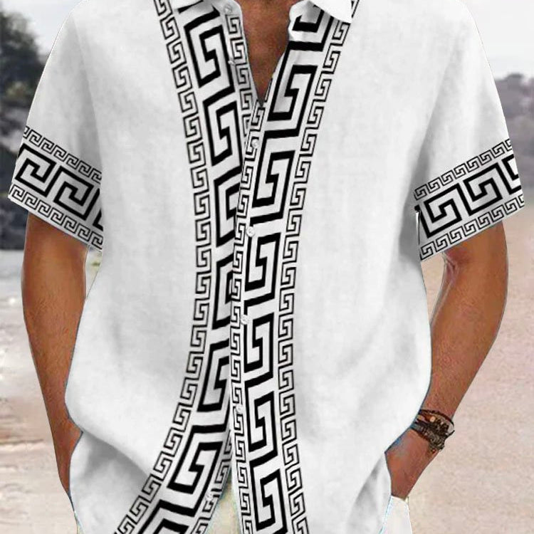 Alohadaddy Retro Geometric Print Men's Button Pocket Short Sleeve Shirt