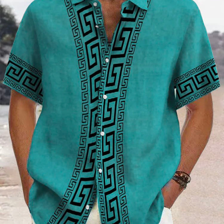 Alohadaddy Retro Geometric Print Men's Button Pocket Short Sleeve Shirt