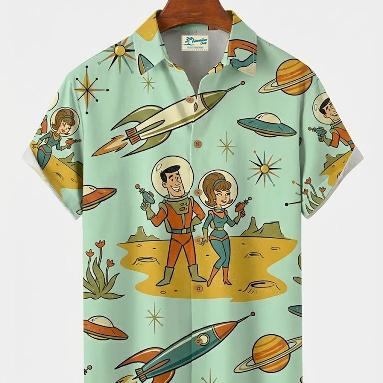 Alohadaddy® Retro Medieval Geometric Cartoon Print Men's Button-Down Short-Sleeved Shirt Big & Tall