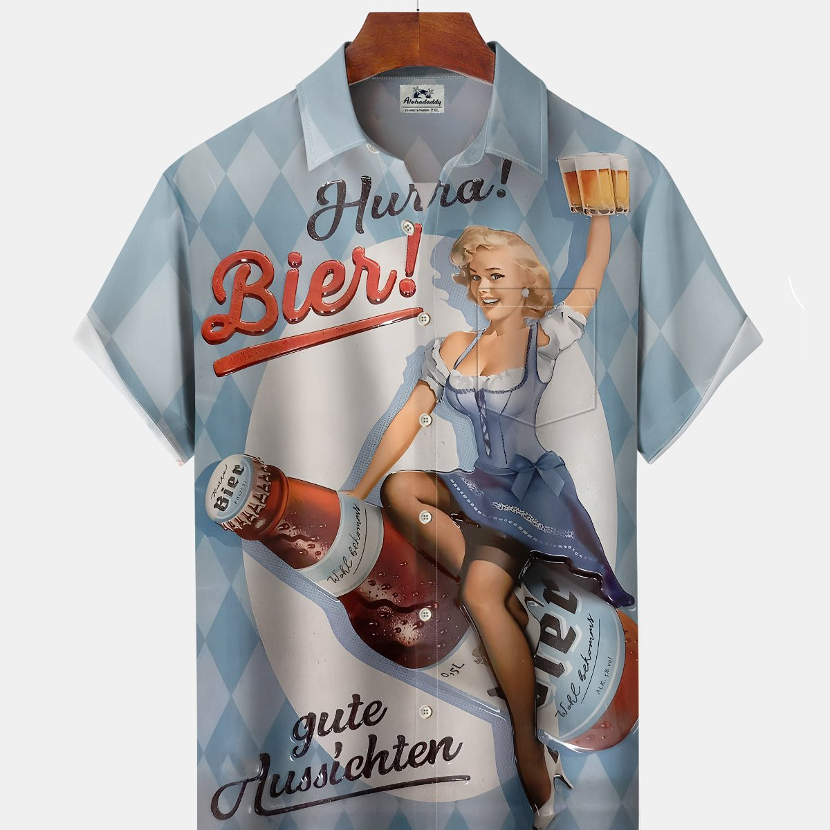 Alohadaddy® Casual Beer Print Art Button Cardigan Pocket Men's Short Sleeve Shirt Big & Tall