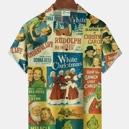 Alohadaddy® Christmas Movie Print Men's Button Pocket Short Sleeve Shirt Big & Tall