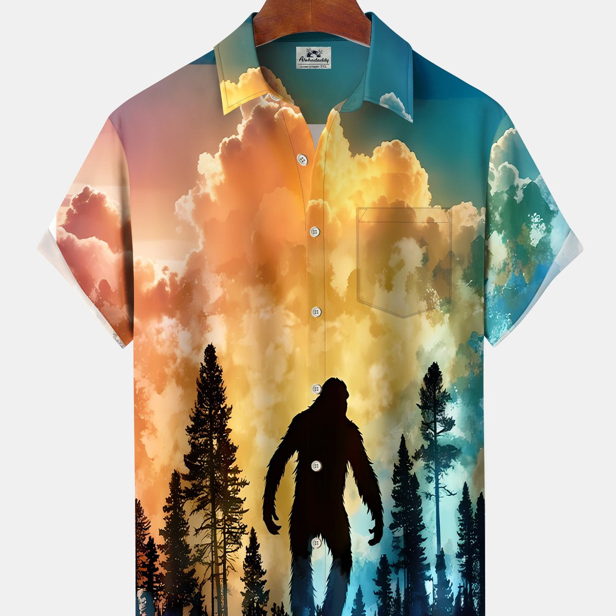 Alohadaddy Hawaii Resort Style Bigfoot Silhouette Print Art Buttons Stretch Large Size Men's Shirt