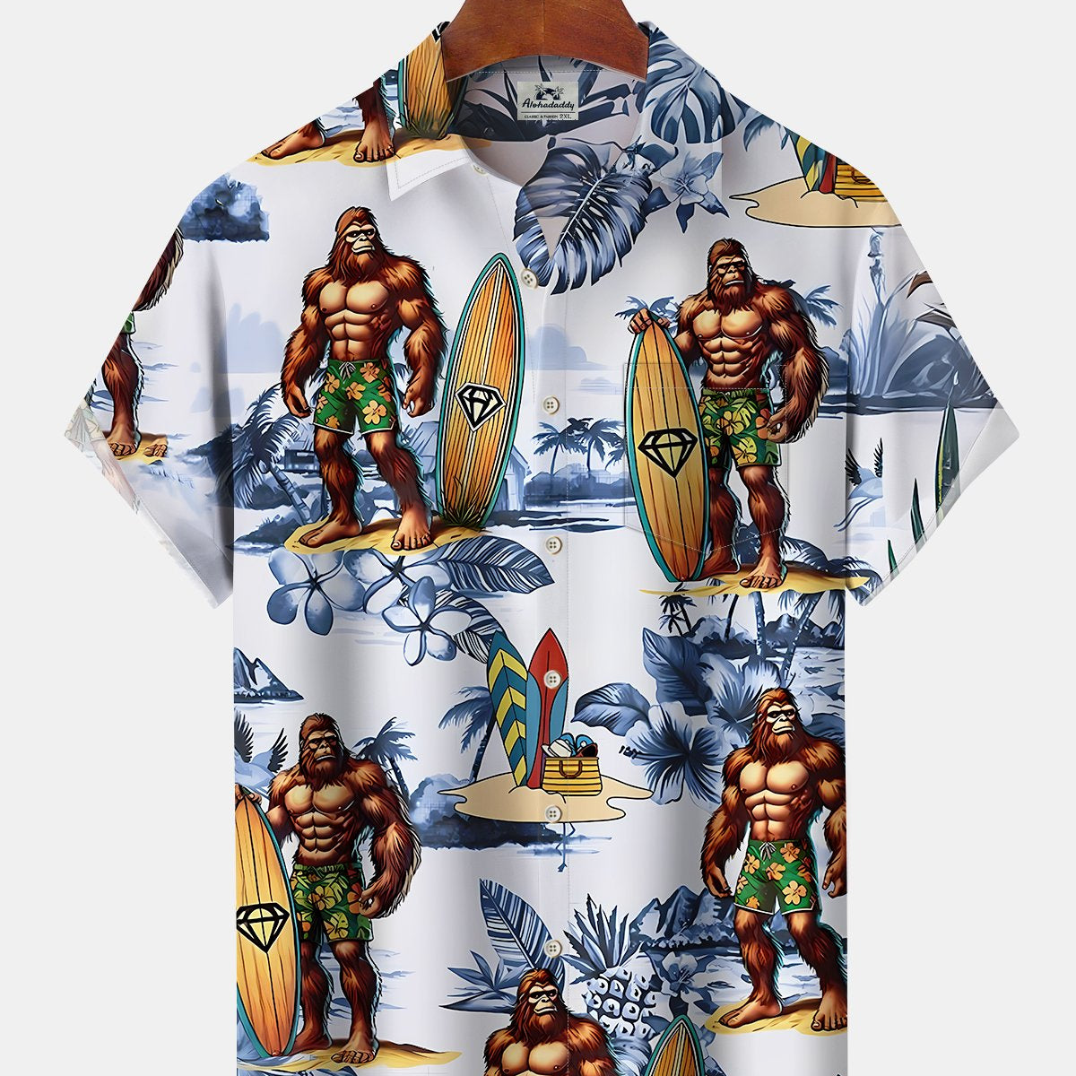 Alohadaddy Hawaii Bigfoot Print Art Buttons Stretch Large Size Men's Shirt