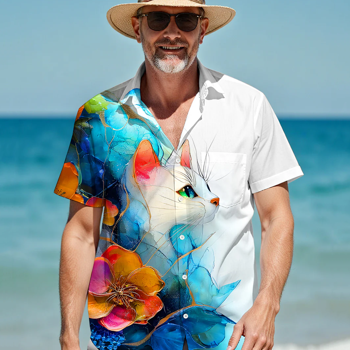 Alohadaddy® Hawaiian Floral Cat Print Pocket Elastic Button Men's Long Sleeve Shirt Big & Tall