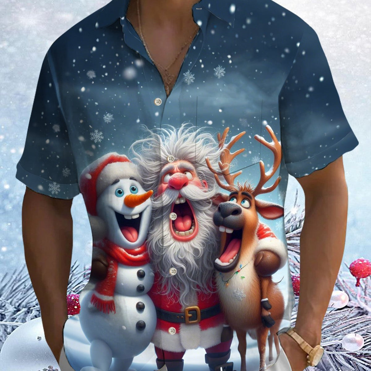 Alohadaddy® Christmas Santa Claus Cartoon Print Pocket Elastic Button Men's Short Sleeve Shirt Big & Tall