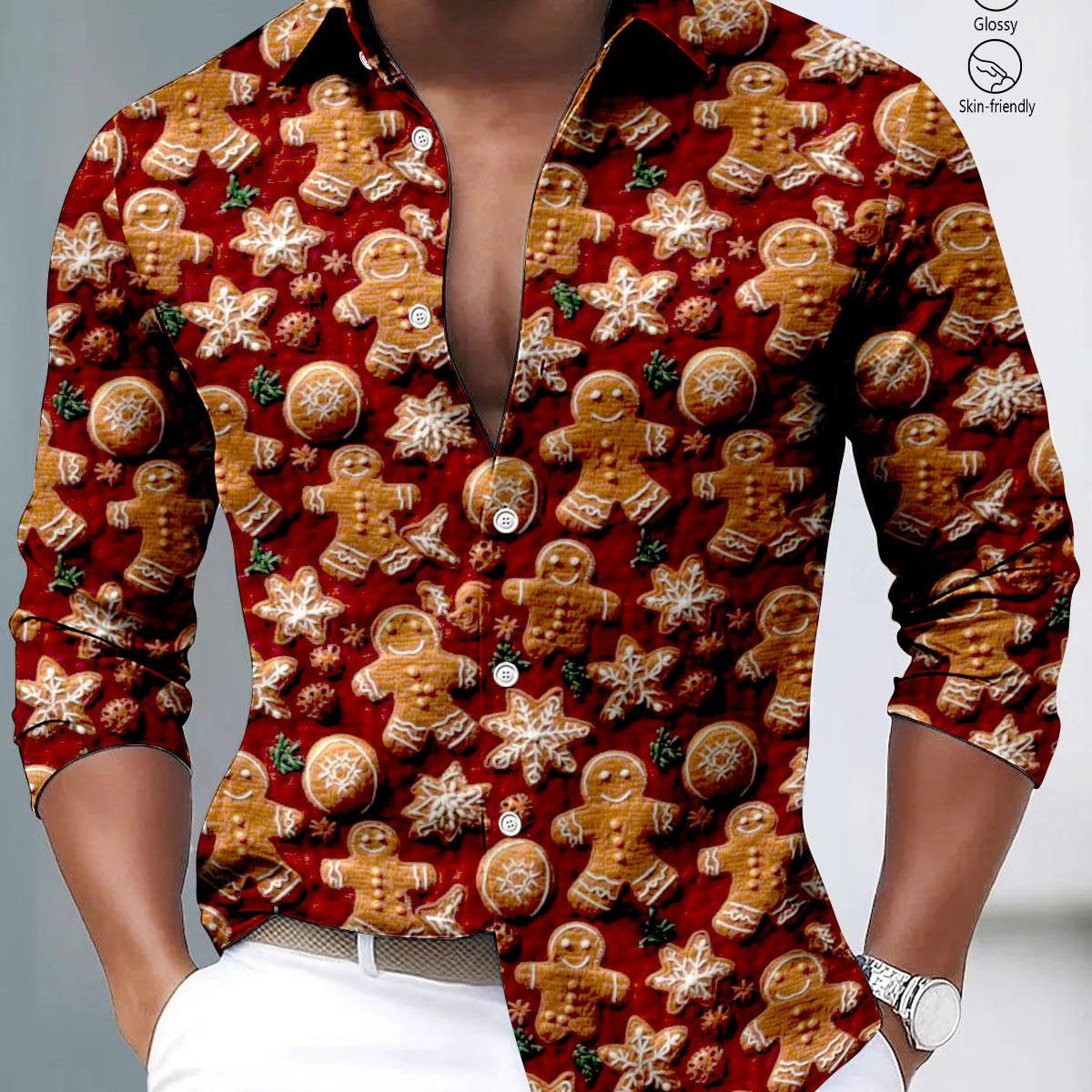 Alohadaddy® Satin Finish Christmas Cookie Print Art Stretch Men's Long Sleeve Shirt Big & Tall