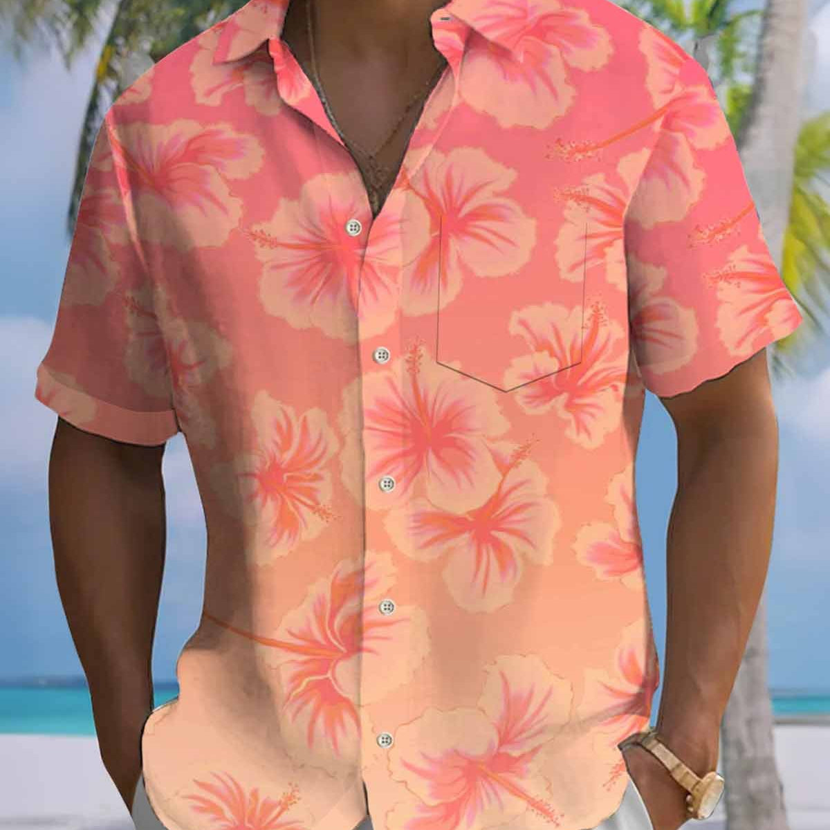 Alohadaddy® Hawaiian Floral Gradient Print Art Cardigan with Pockets and Buttons for Men - Short Sleeve Shirt Big & Tall