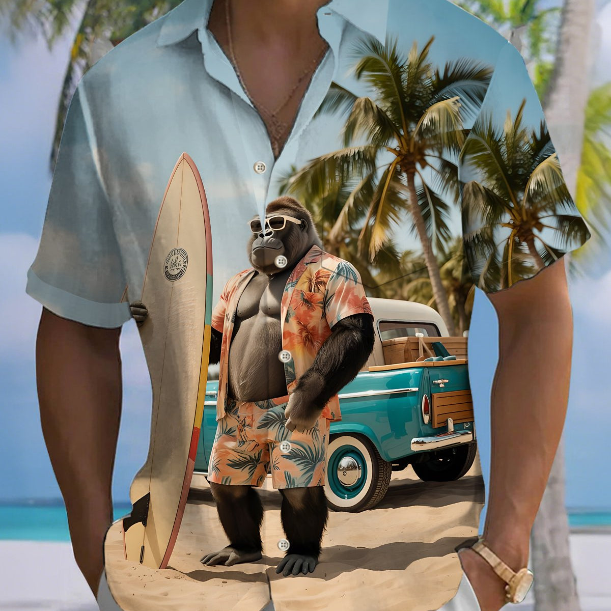 Alohadaddy® Casual Orangutan Hawaiian Print Art Button Pockets Cardigan, Men's Short-Sleeve Shirt Big & Tall