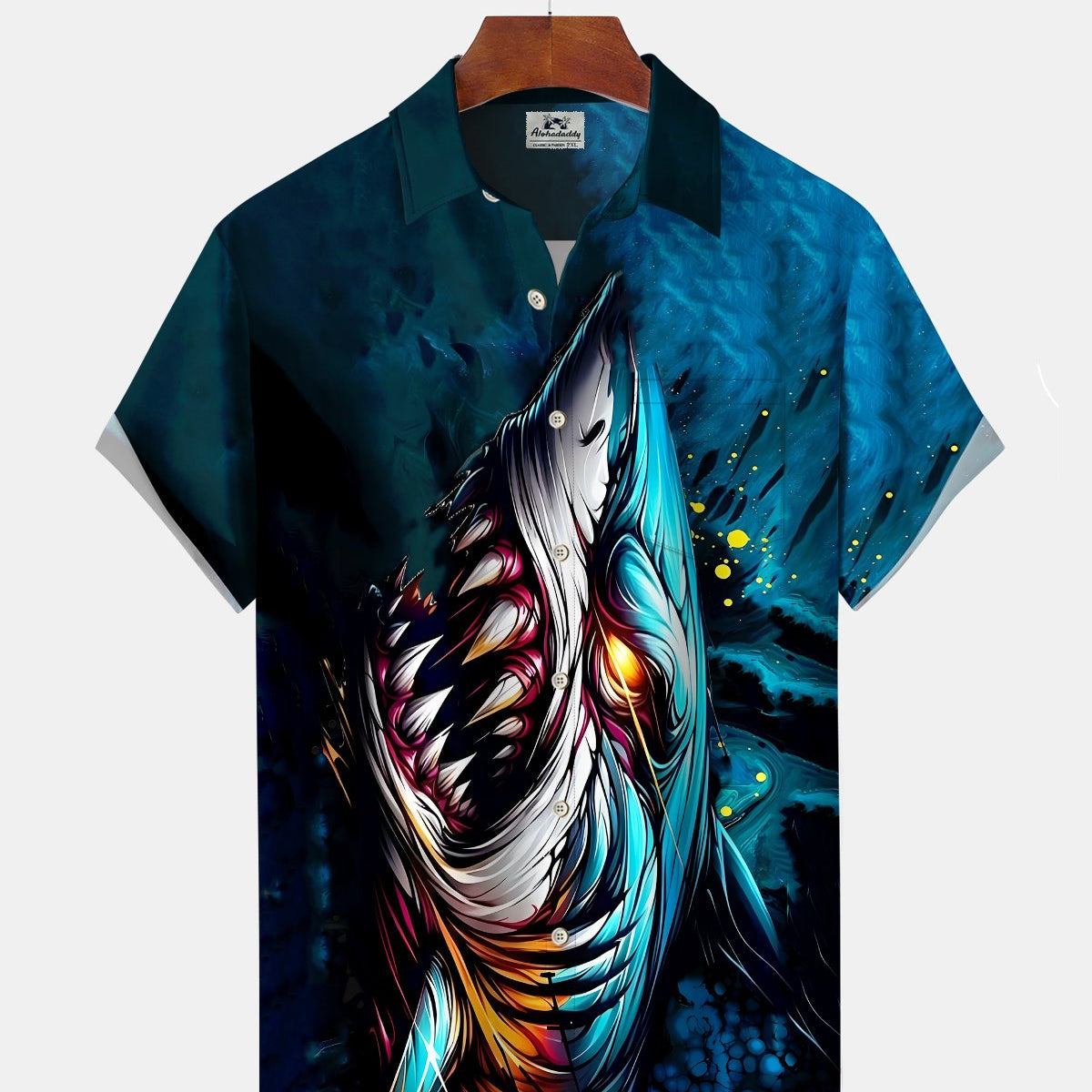 Alohadaddy® Casual Shark Print Art Button Pocket Cardigan Men's Short Sleeve Shirt