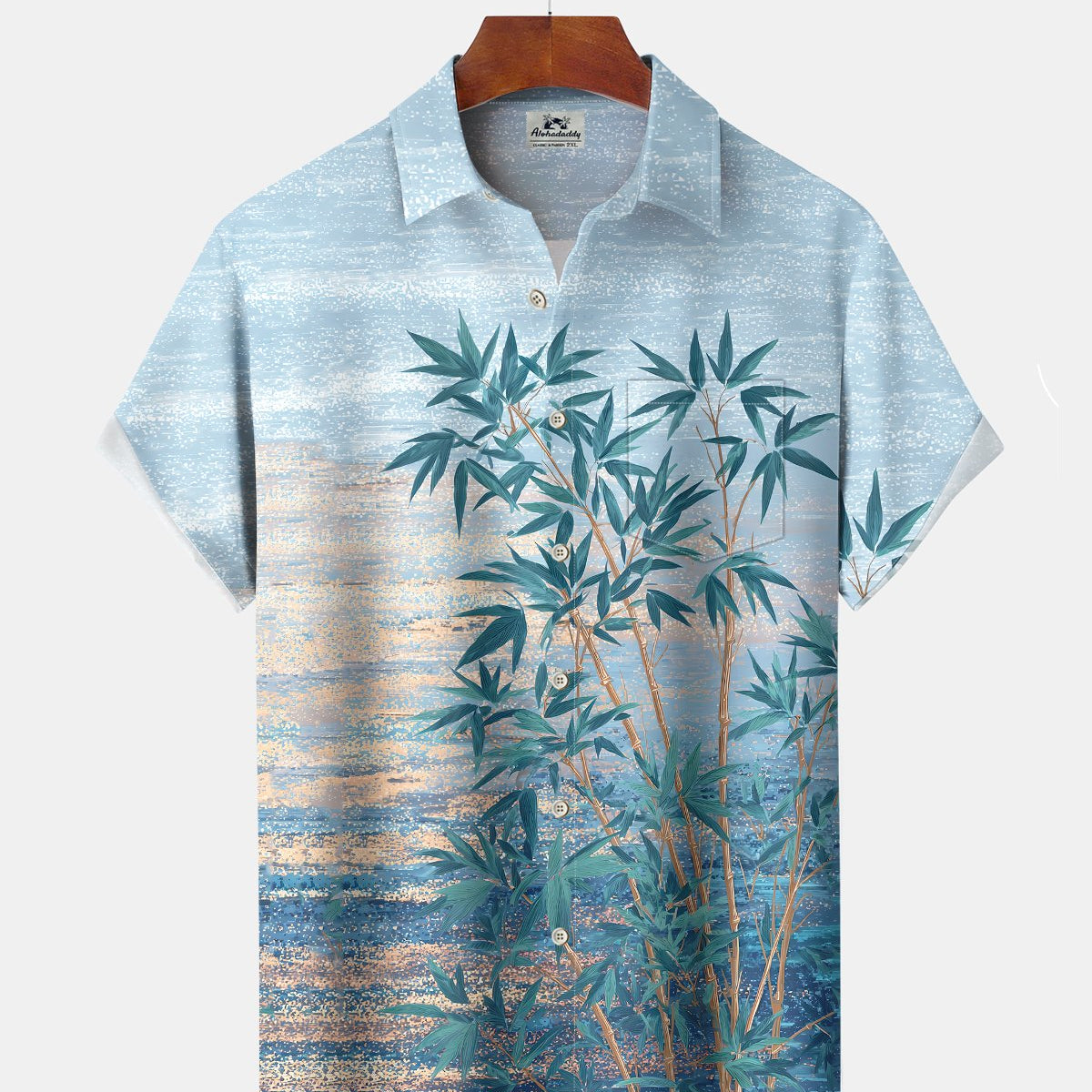Alohadaddy® Men's Short-Sleeve Shirt Hawaiian Bamboo Print Art Button-Down Pocket Cardigan Style