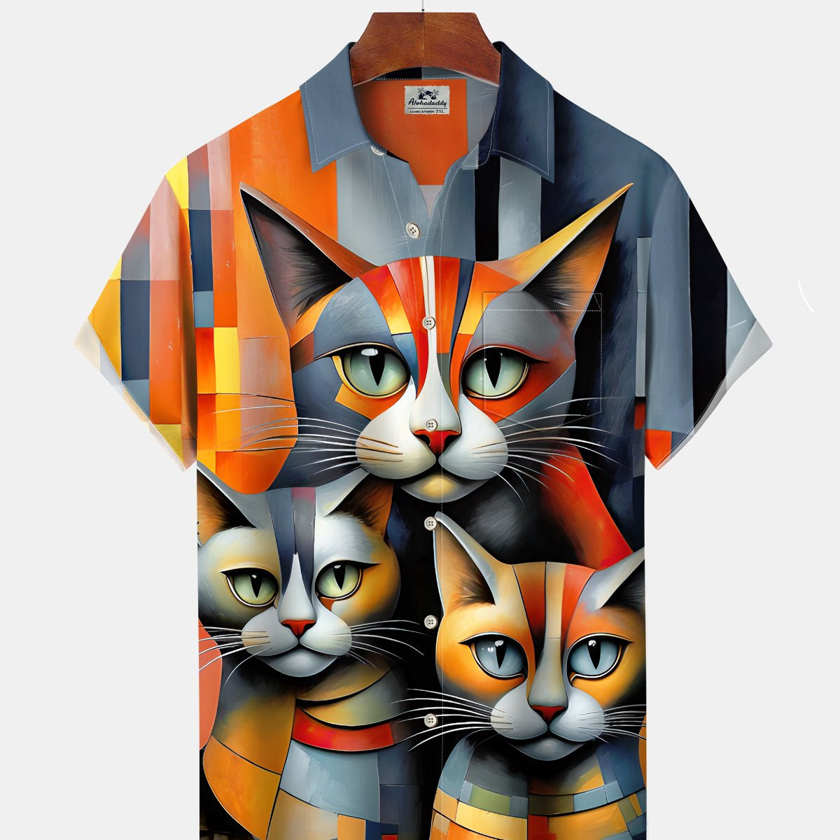 Alohadaddy® Men's Short-Sleeve Button-Down Shirt with Retro Cat Print and Pocket