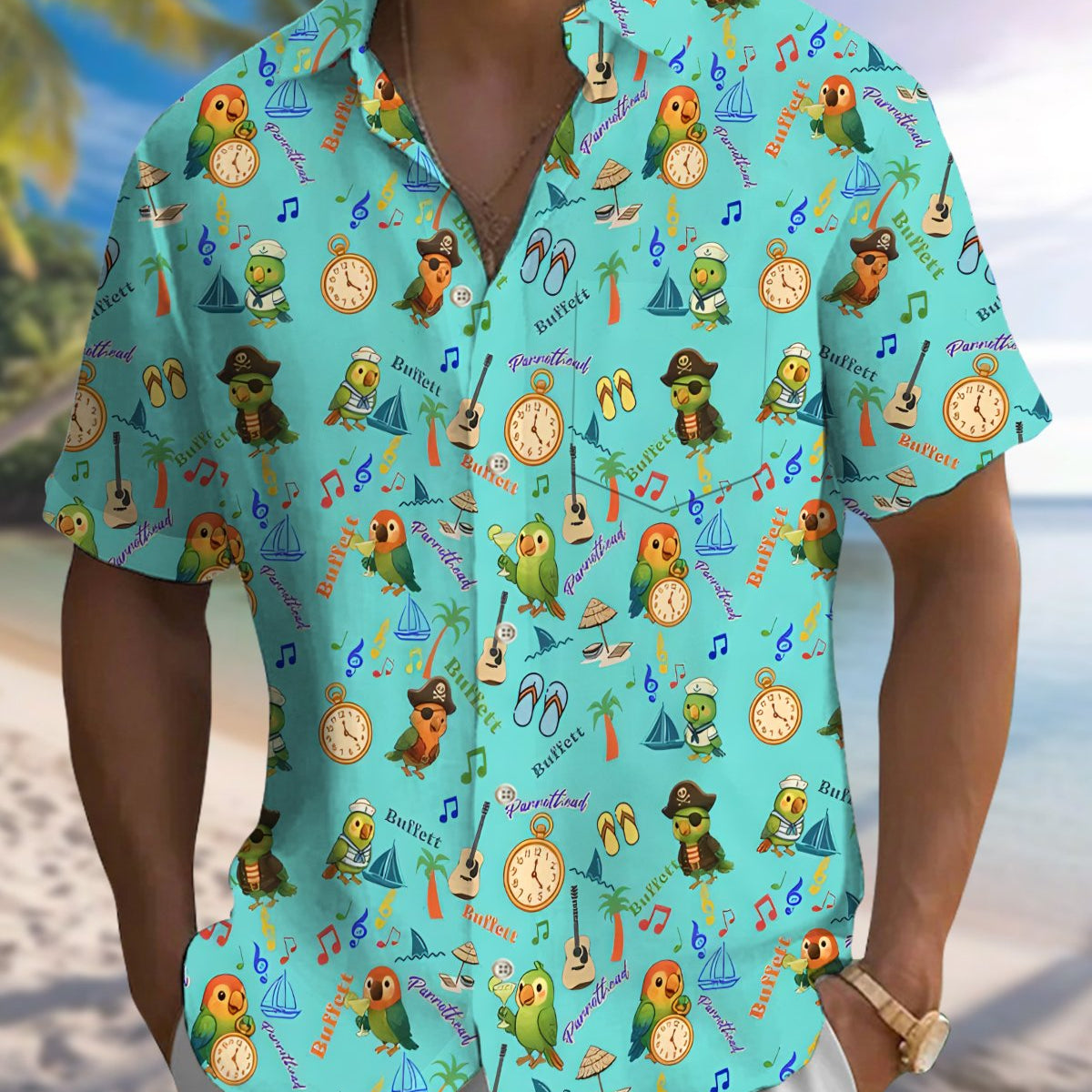 Alohadaddy® Hawaiian Parrot Print Art Button Pocket Cardigan Men's Short Sleeve Shirt