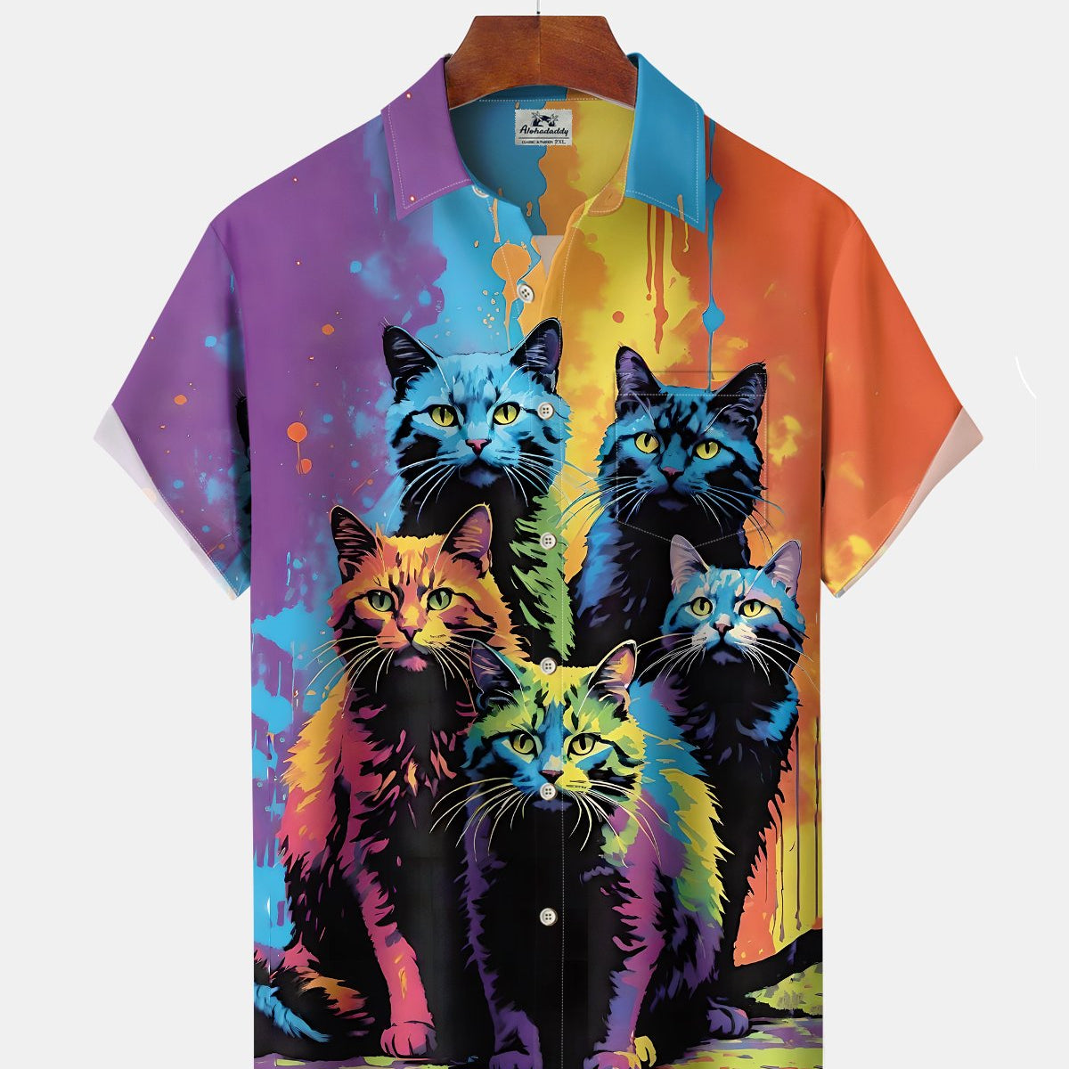 Alohadaddy® Vintage Cat Print Art Button Pocket Cardigan Men's Short Sleeve Shirt