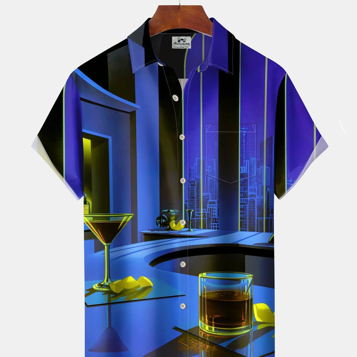 Alohadaddy® Men's Short-Sleeve Button-Down Shirt Vintage Liquor Print Pocket Detail