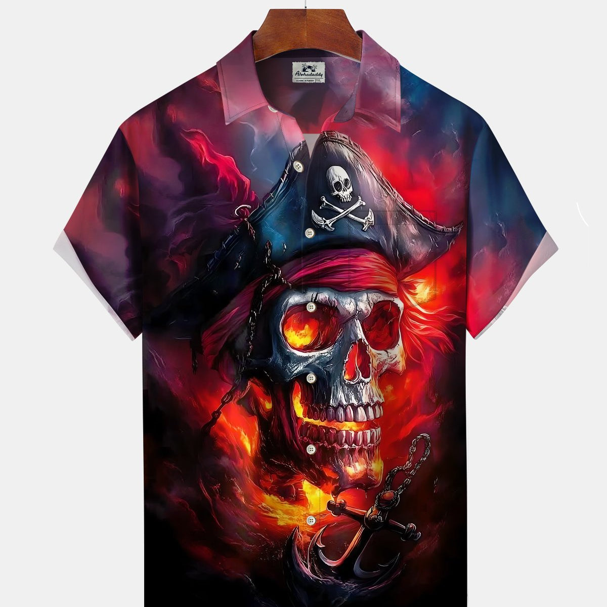 Alohadaddy® Men's Short-Sleeve Button-Down Shirt Vintage Skull & Pirate Print with Pocket