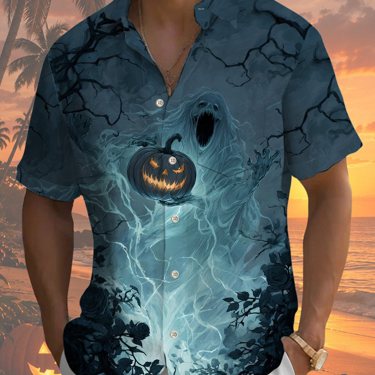 Alohadaddy® Holiday/Halloween Print Button-Down Short-Sleeve Shirt with Pocket