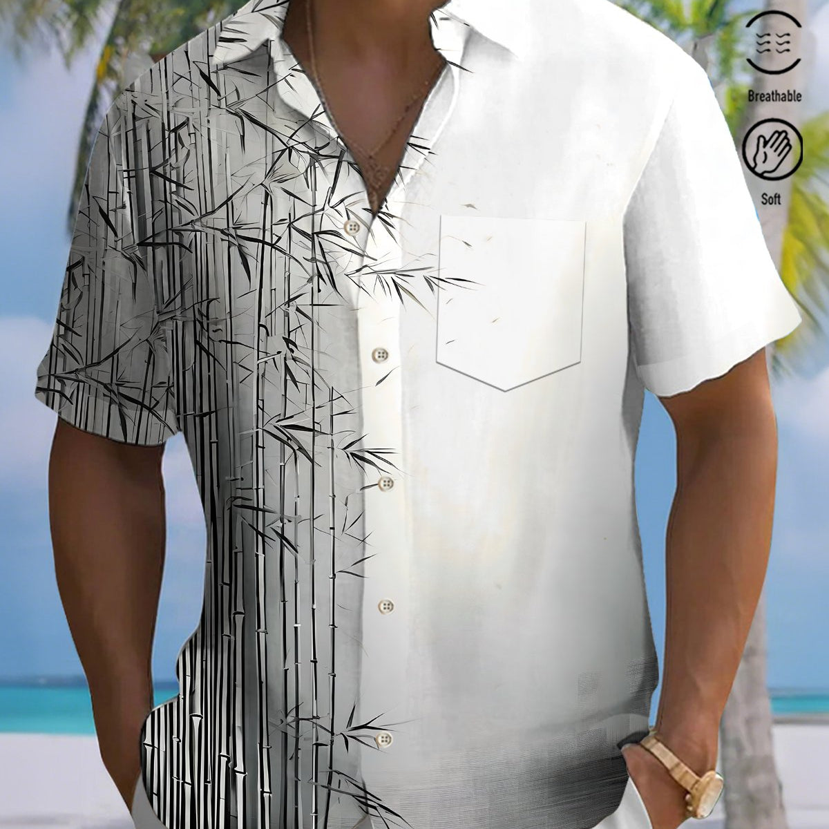 Alohadaddy® Men's Short-Sleeve Button-Down Shirt with Bamboo Print and Chest Pocket