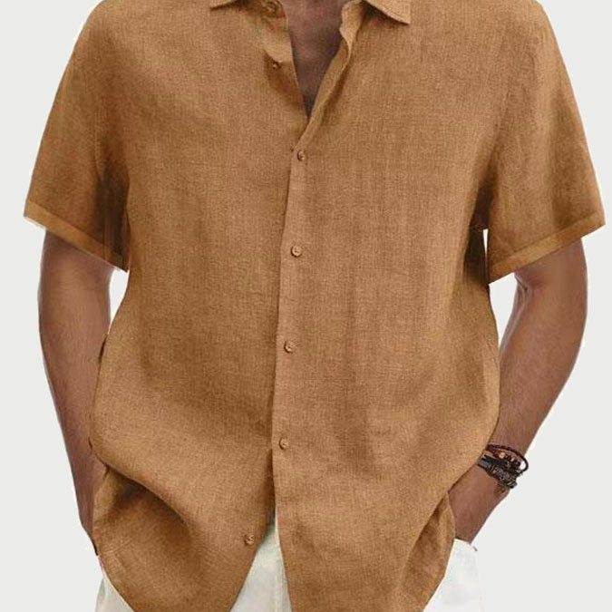 Camisa de manga corta con botones de lino y algodón de color liso para hombre