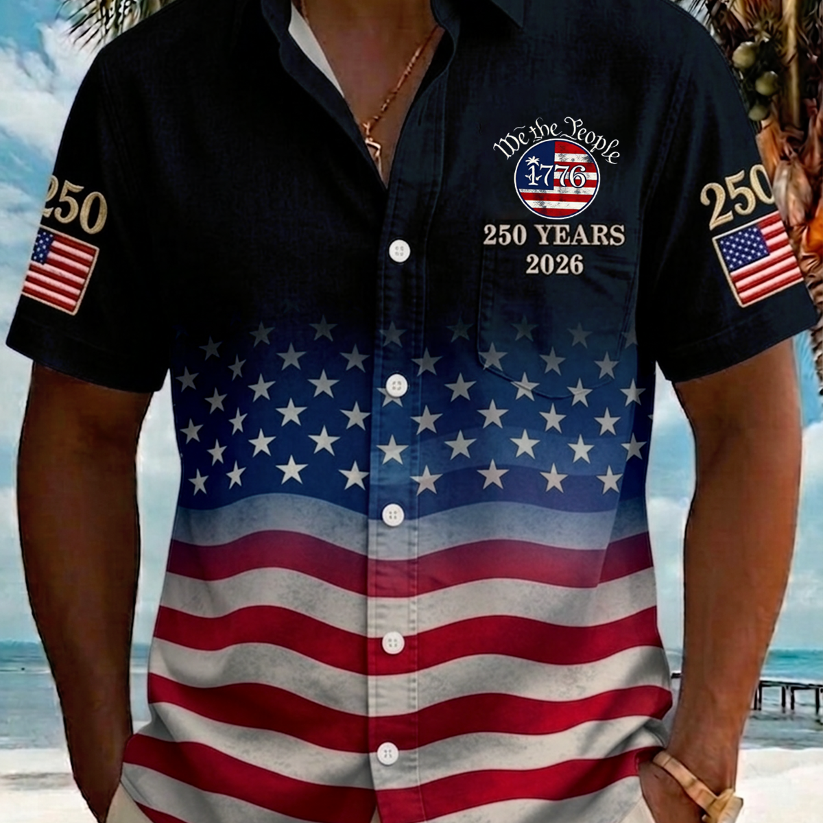 Alohadaddy® Men's Holiday 250th Anniversary We the People Stars Stripes Print Button Down Short-Sleeve Big & Tall