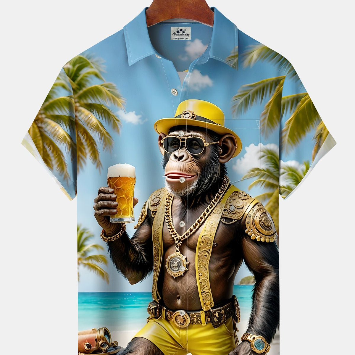 Alohadaddy Hawaiian Orangutan Vacation Print Art Button Cardigan Pocket Stretch Large Size Long Short Sleeve Shirt