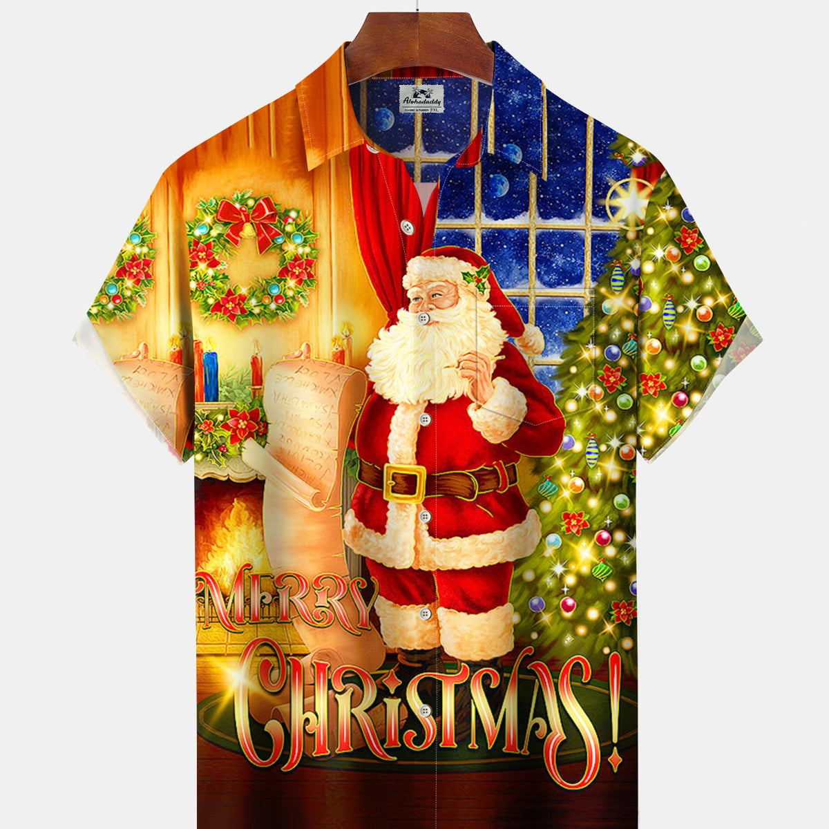 Alohadaddy® Christmas Santa Print Pocket Elastic Button Men's Short Sleeve Shirt Big & Tall