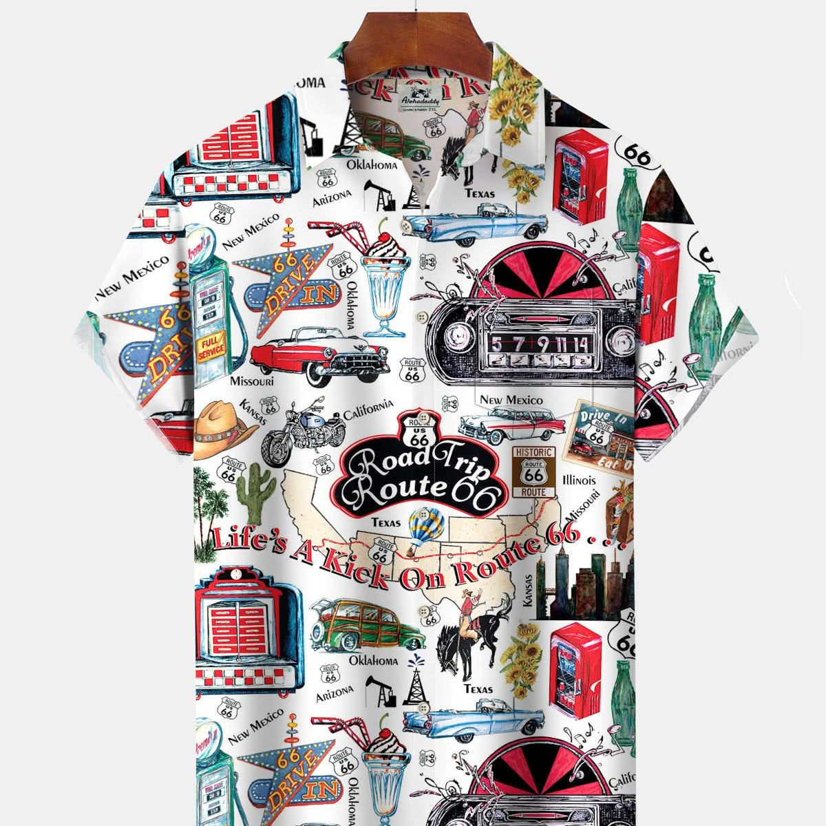 Alohadaddy® Retro Route 66 Geometric Cartoon Print Art with Pockets and Buttons Men's Short-Sleeve Shirt Big & Tall