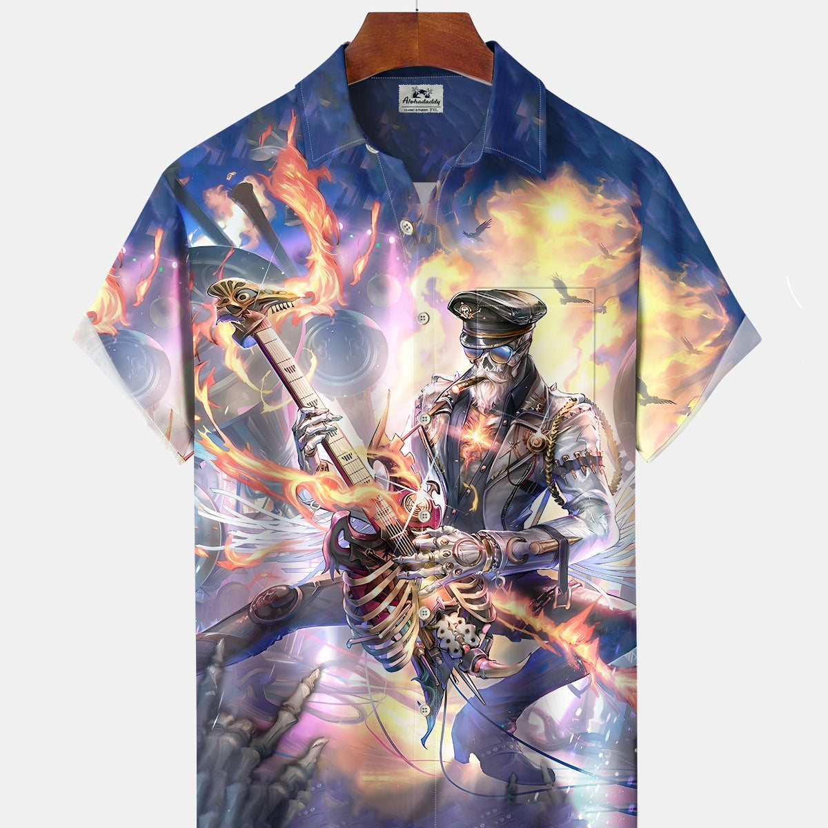 Alohadaddy® Vintage Skull Print Art Button Pocket Cardigan Men's Short Sleeve Shirt