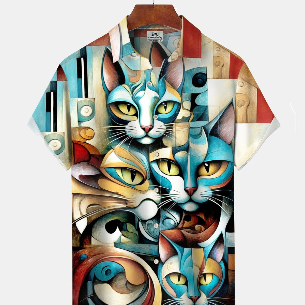 Alohadaddy® Men's Short-Sleeve Button-Down Shirt with Vintage Cat Art Print and Pocket