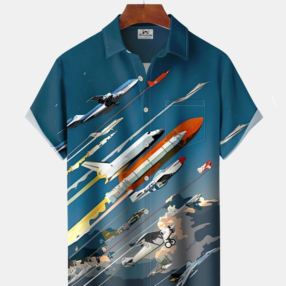 Alohadaddy® Men's Casual Short-Sleeve Shirt – Rocket Art Print, Button-Down Pocket Open-Front Style